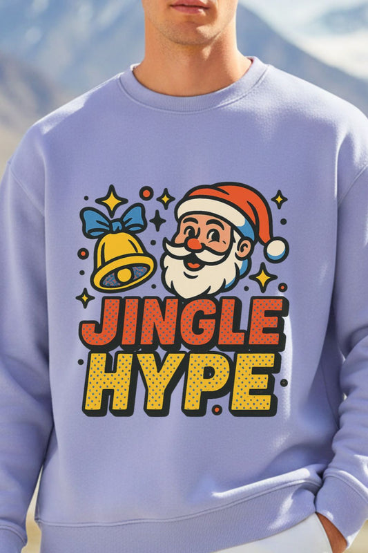 close up of a man wearing a lavendar oversized sweatshirt with a Christmas-themed design featuring Santa Claus and 'Jingle Hype' text.