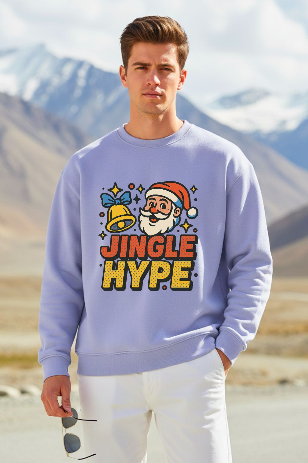 Man wearing a lavendar oversized sweatshirt with 'Jingle Hype' design in a mountainous landscape