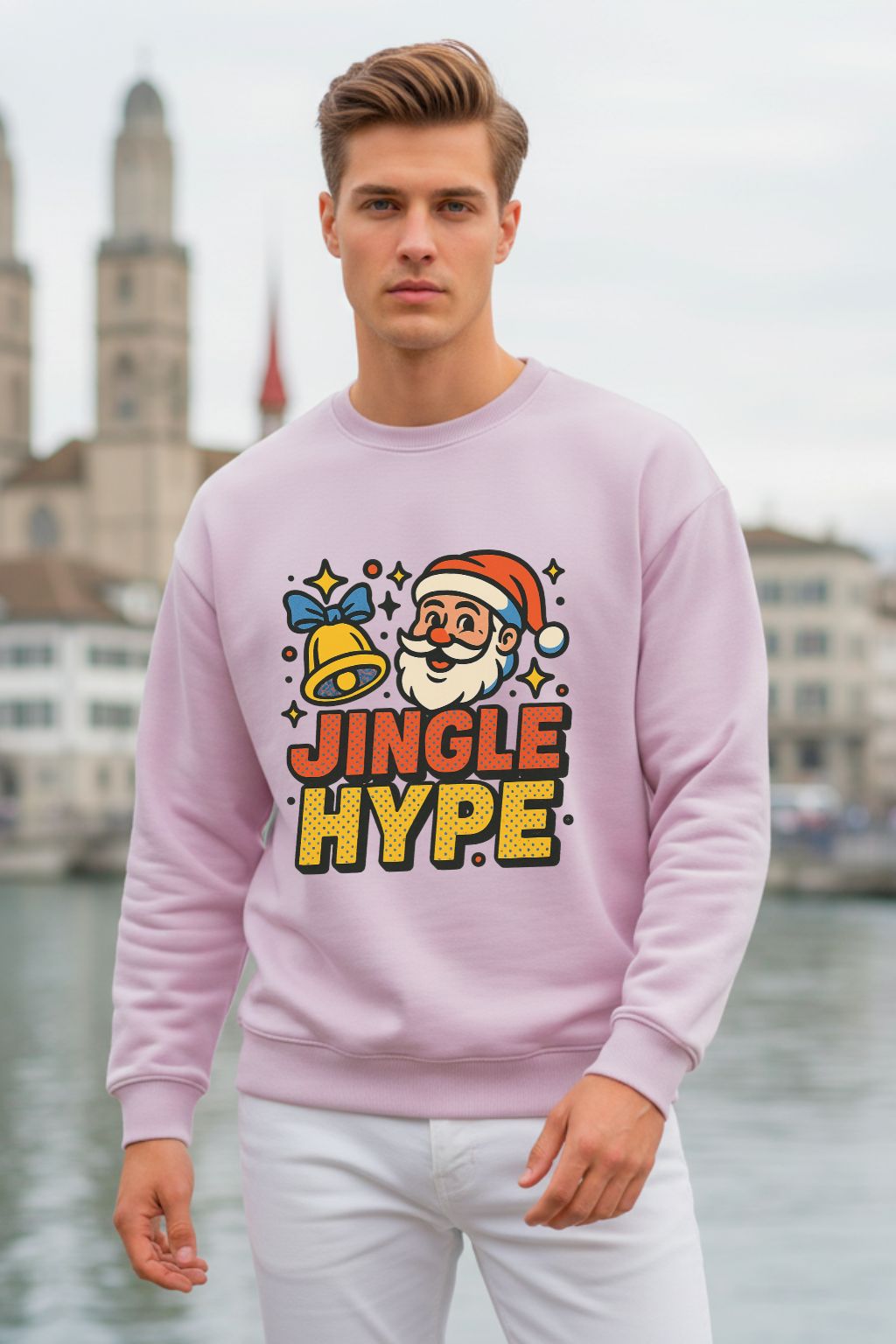 Man wearing a light baby pink oversized sweatshirt with a Christmas design and text, standing in front of a cityscape.