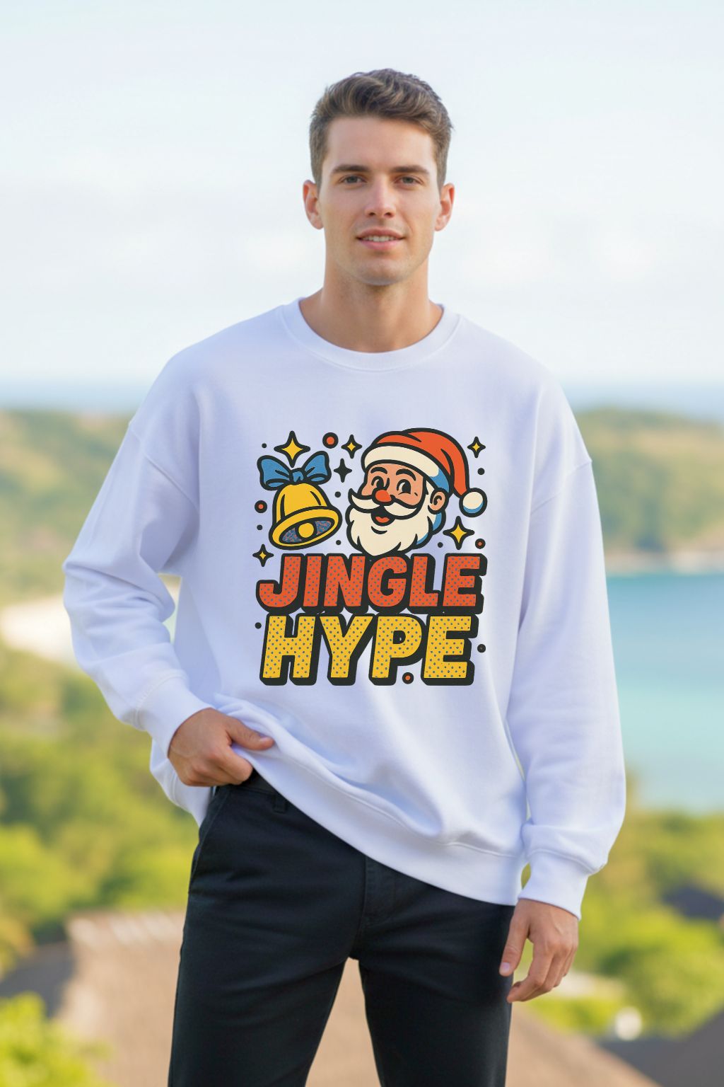 Man wearing a white oversized sweatshirt with 'Jingle Hype' design outdoors