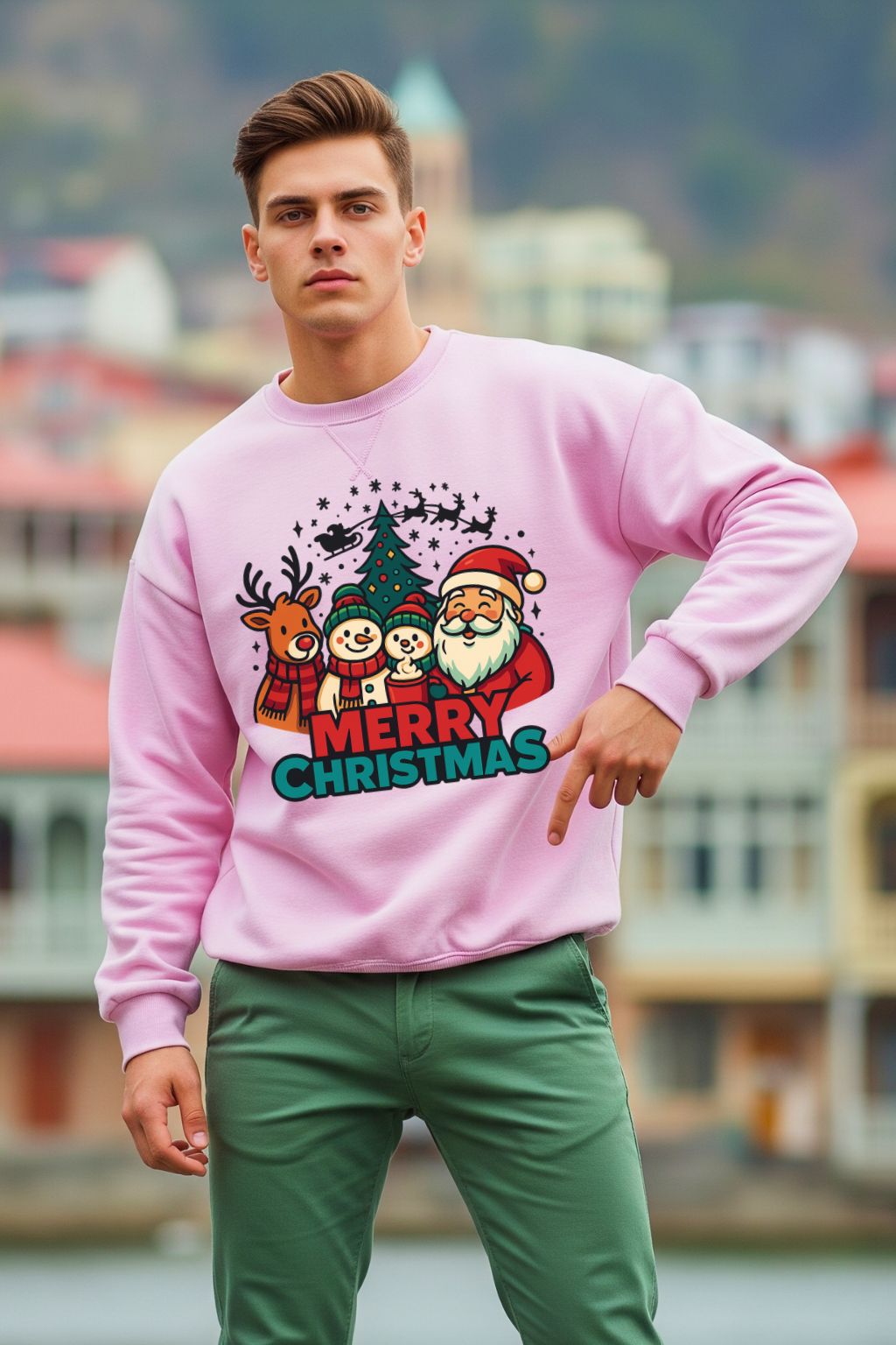 Man wearing a light baby pink Christmas-themed oversized sweatshirt with a cityscape background