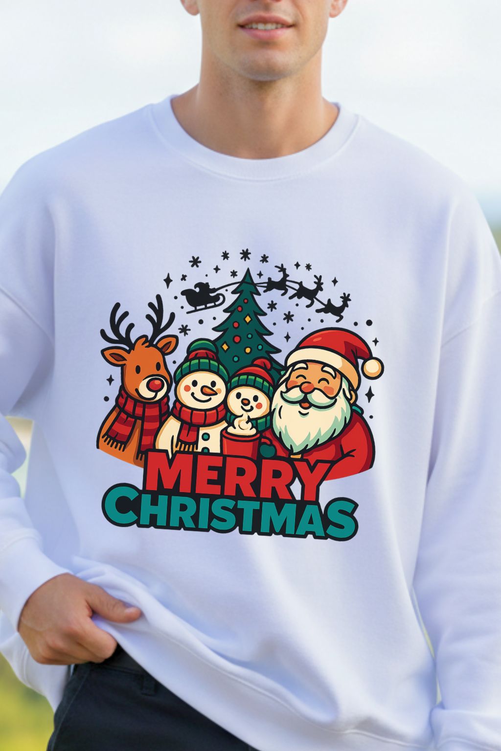 close up of a white oversized sweatshirt with Christmas-themed design featuring Santa Claus, reindeer, and trees on a white background.