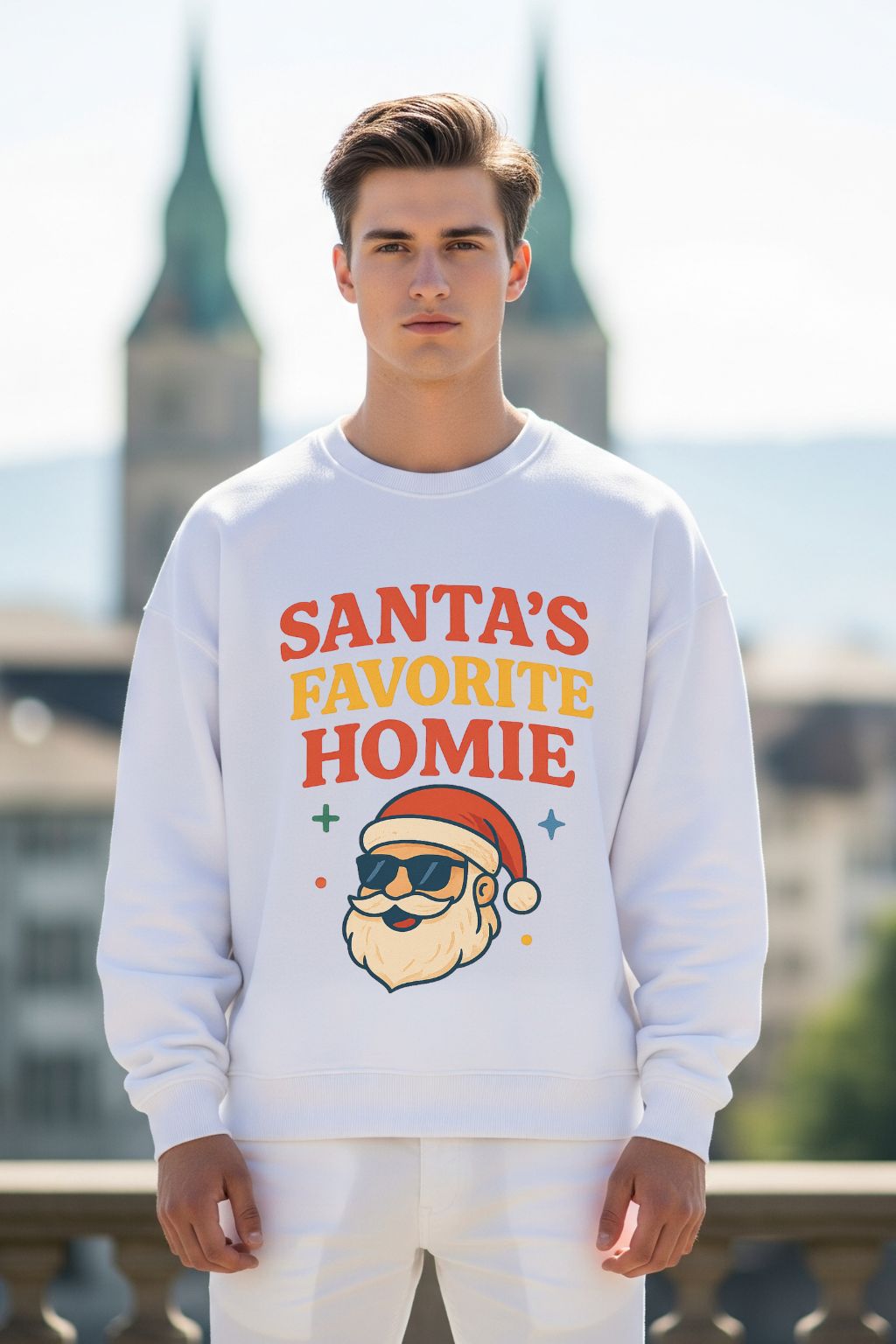 Man wearing a white oversized sweatshirt with 'Santa's Favorite Homie' text and graphic, standing outdoors.