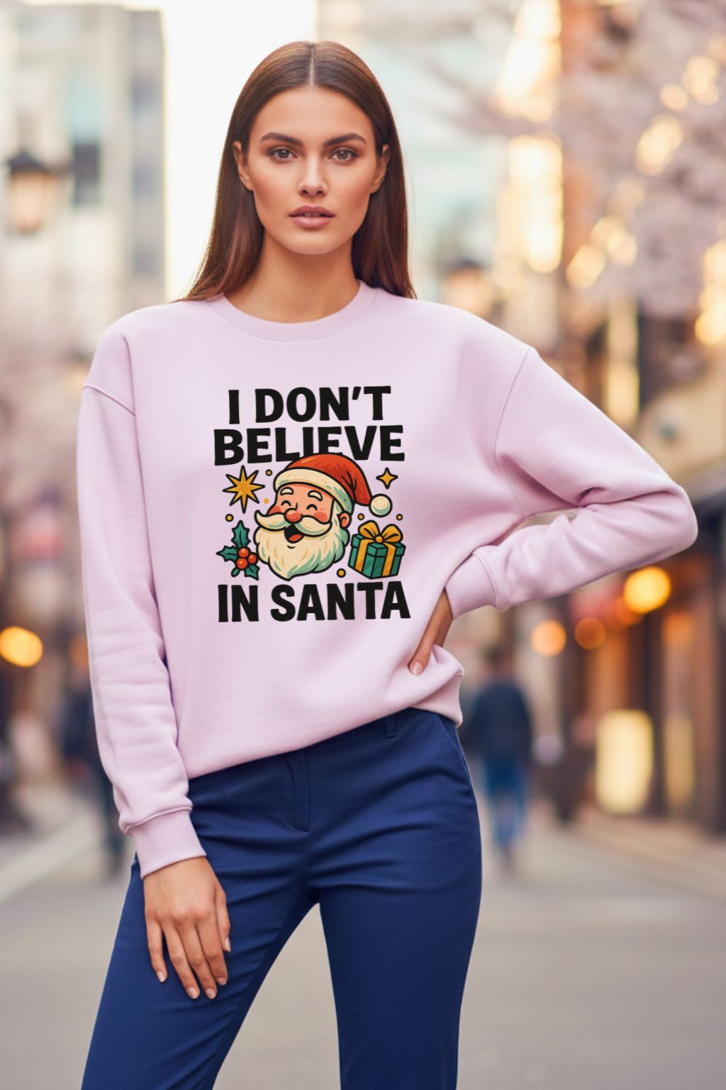 Woman wearing a light baby pink oversized sweatshirt with a Christmas-themed design on a city street.
