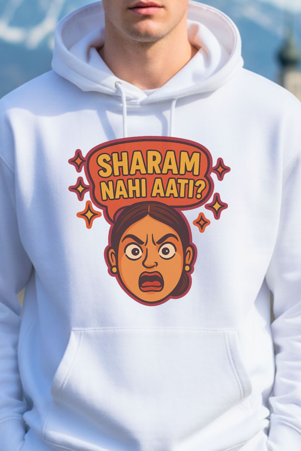 close up of Sharam_Nahi_Aati_Meme_White_Oversized_Hoodie