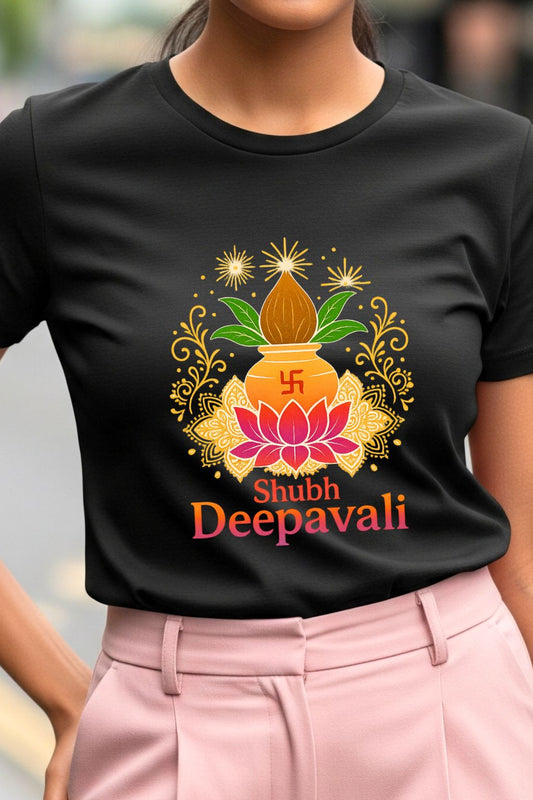 A close-up view of a black t-shirt showing the detailed 'Shubh Deepavali' graphic with a Kalash pot, a lamp, and lotus flowers.