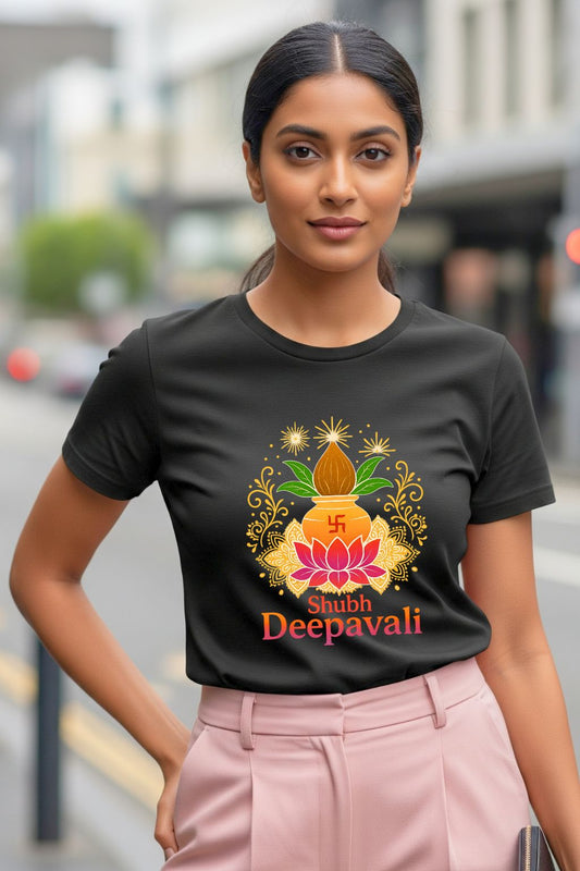 A black t-shirt with a vibrant, festive Diwali-themed design, including a Kalash and the text 'Shubh Deepavali'