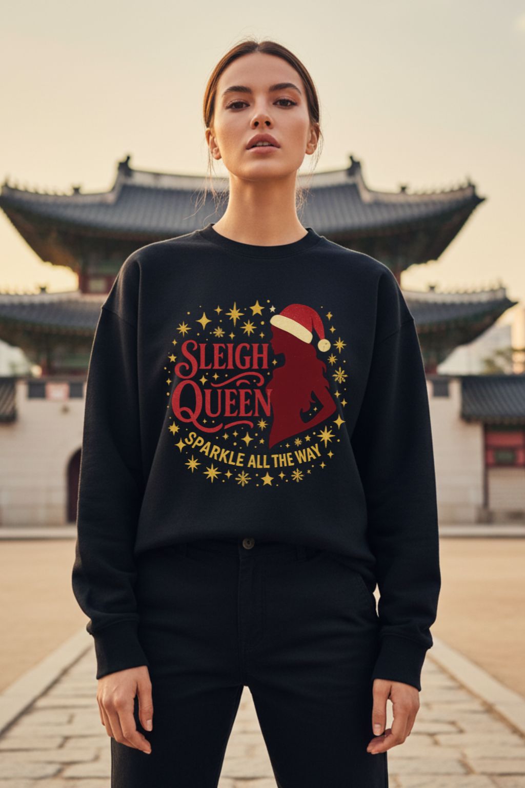 Woman wearing a black oversized sweatshirt with 'Sleigh Queen' design in front of traditional architecture.