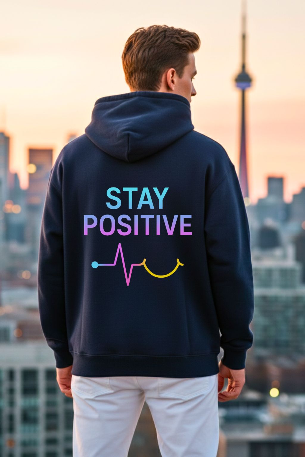 back view of a man wearing a navy blue oversized hoodie with 'Stay Positive' text and heartbeat design, standing against a cityscape background.