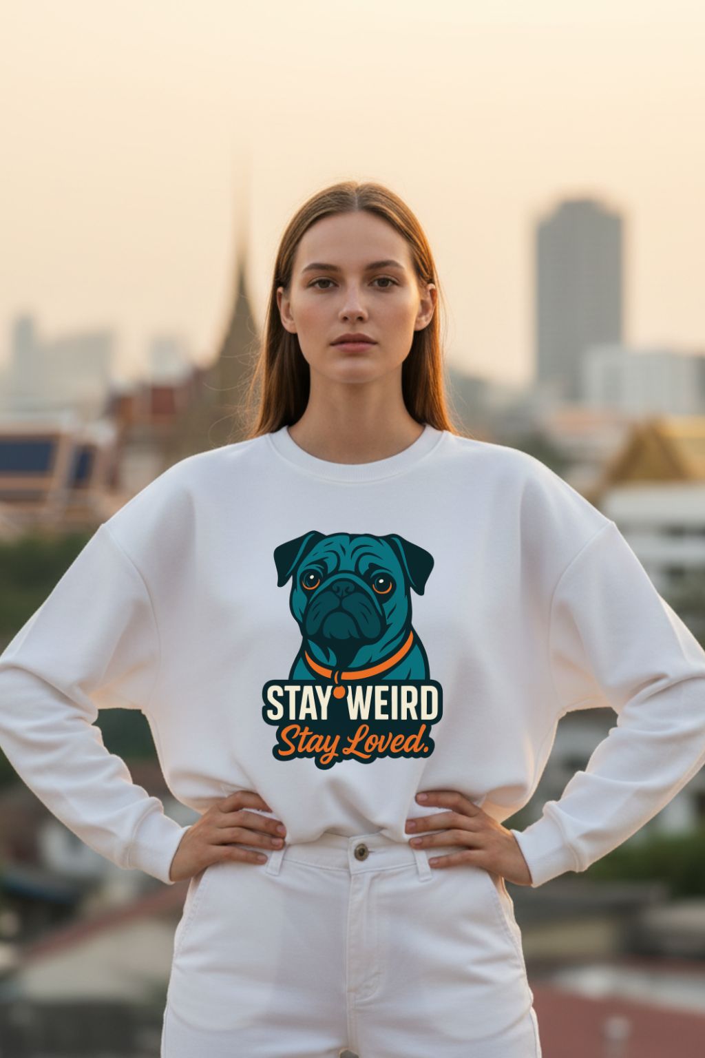 Woman wearing a white sweatshirt with a dog graphic and text 'Stay Weird, Stay Loved' against a cityscape background.
