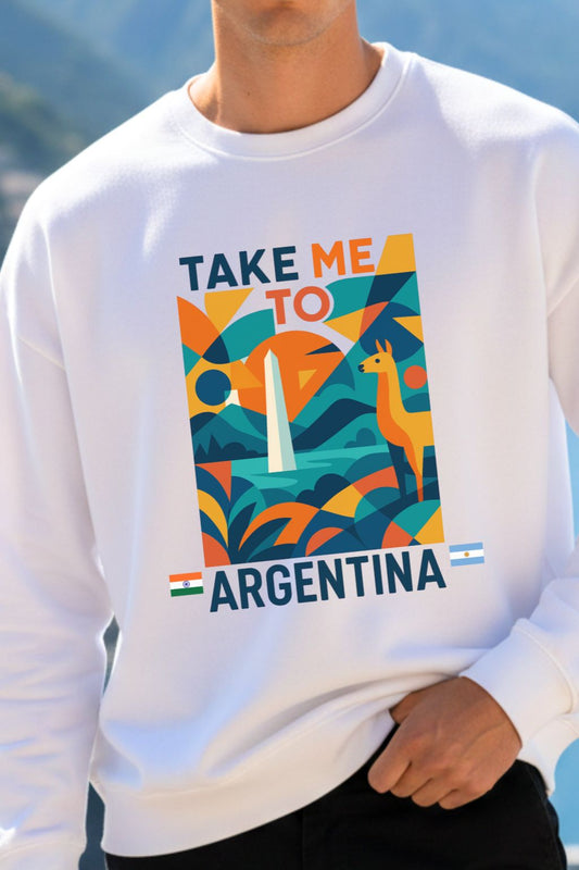 close up of a white oversized sweatshirt with colorful 'Take Me to Argentina' graphic design.