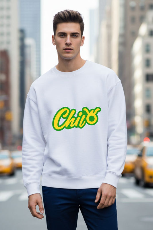 Man wearing a white sweatshirt with 'Chito' in yellow text on a city street.