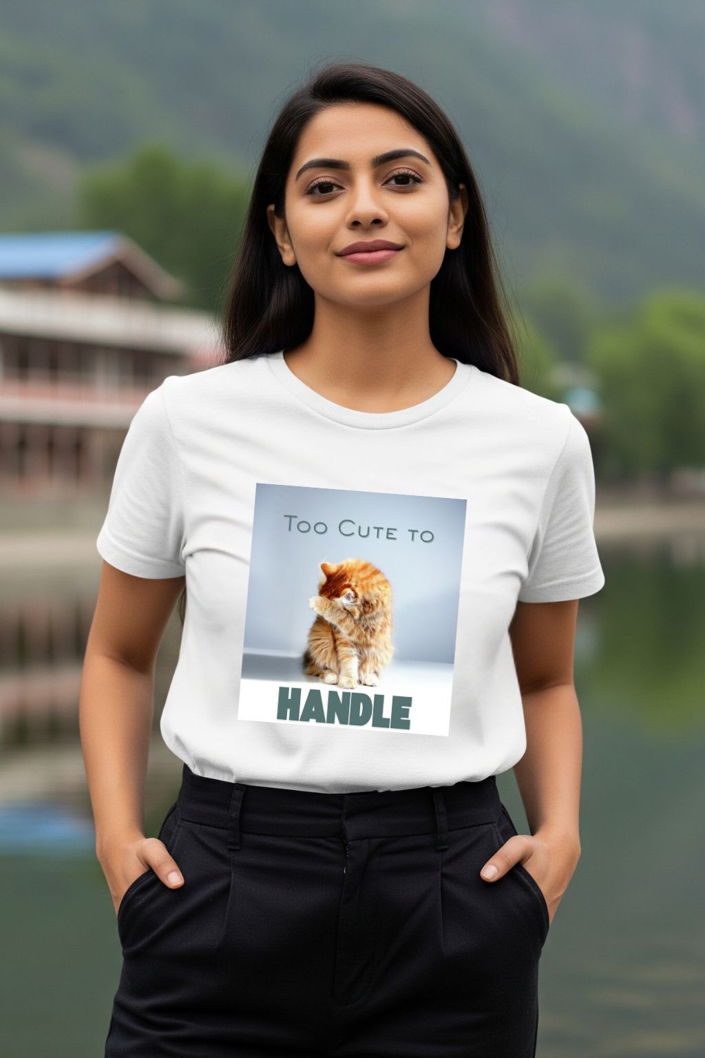 A woman modeling ZUPPI's "Too Cute to Handle" white T-shirt, posing with her hands in her pockets against a blurred natural background. The shirt features a graphic of a cat and the text