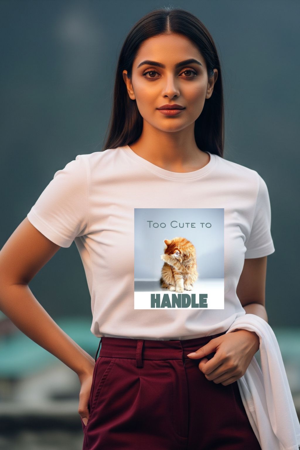 A woman modeling ZUPPI's "Too Cute to Handle" white T-shirt, posing with her hands on her hips against a blurred natural background. The shirt features a graphic of a cat and the text