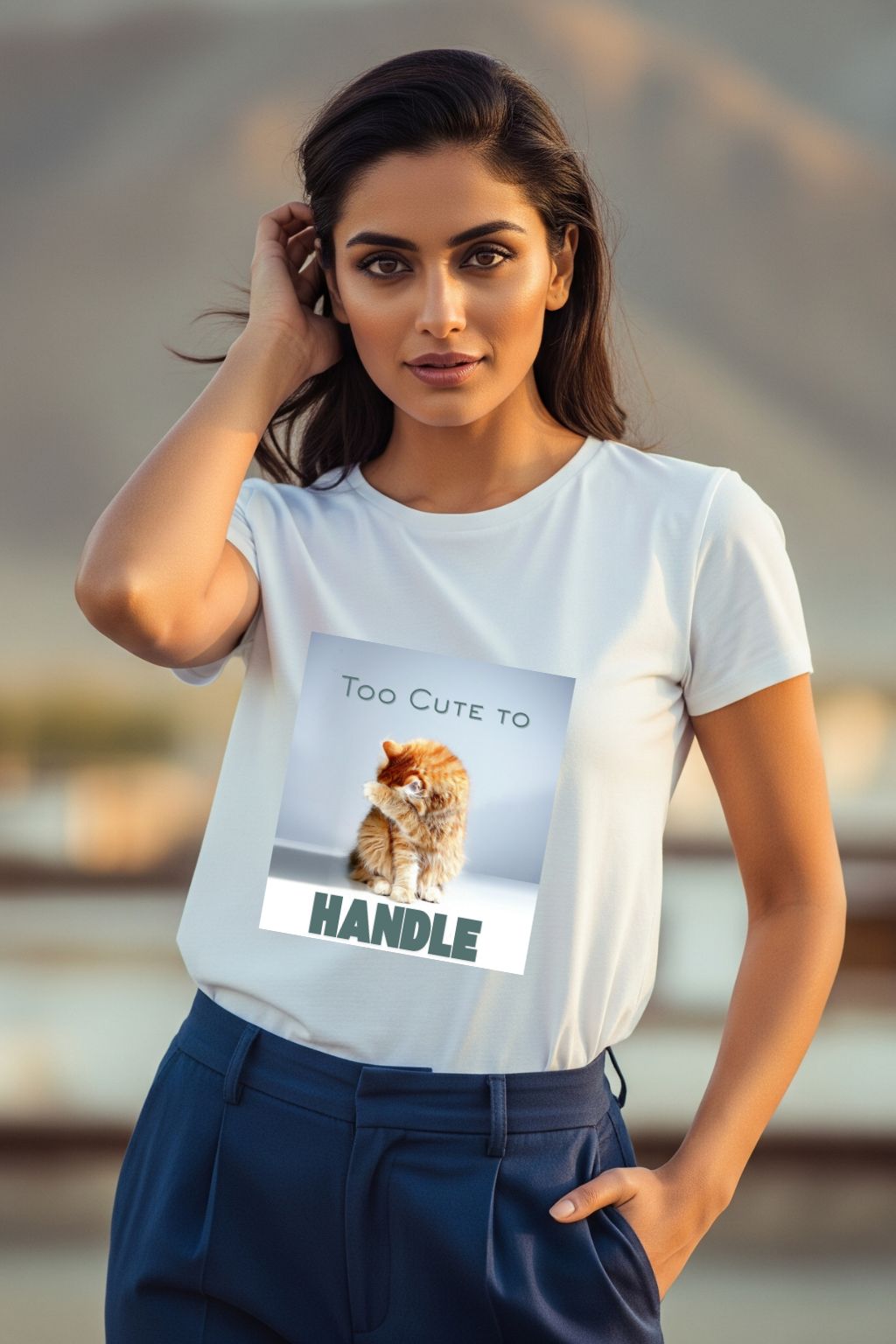 A woman modeling ZUPPI's "Too Cute to Handle" white T-shirt, posing with her hand tucking her hair behind her ear. The shirt features a graphic of a cat and the text, set against a blurred natural background