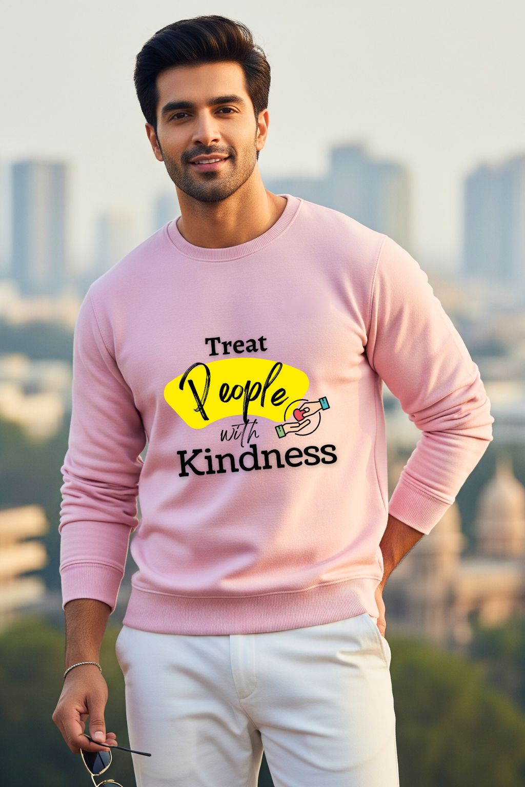 ZUPPI's light baby pink 'Treat People with Kindness' sweatshirt, a trendy unisex option for casual and streetwear. This cozy crewneck features a positive message graphic, perfect for expressing your style with a touch of warmth and empathy.