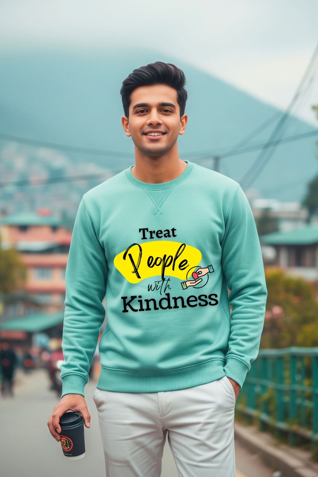 ZUPPI's refreshing mint green 'Treat People with Kindness' sweatshirt, a stylish unisex option for everyday wear. This soft fleece crewneck features a positive message graphic, perfect for adding a pop of color and good vibes to any casual outfit.
