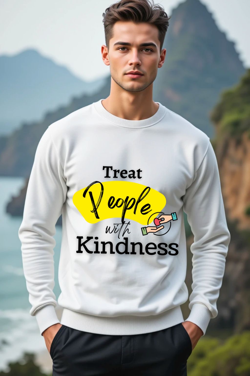 ZUPPI's white 'Treat People with Kindness' sweatshirt, perfect for men's casual wear. This soft cotton-blend crewneck features a positive message graphic, ideal for expressing good vibes and stylish comfort.