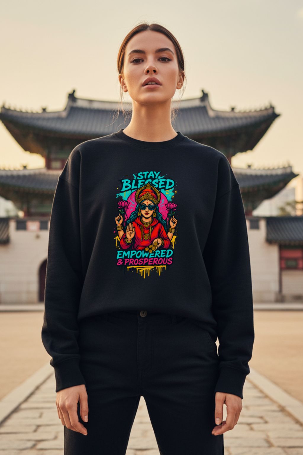 Woman wearing a black sweatshirt with colorful graphic design of maa lakshmi in front of traditional architecture.