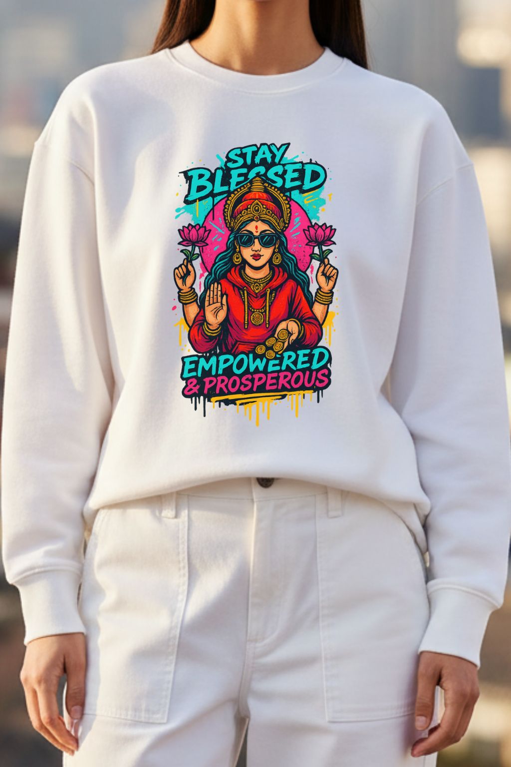 Close up of a woman wearing white sweatshirt with colorful graphic design featuring text and a person, worn by a person.
