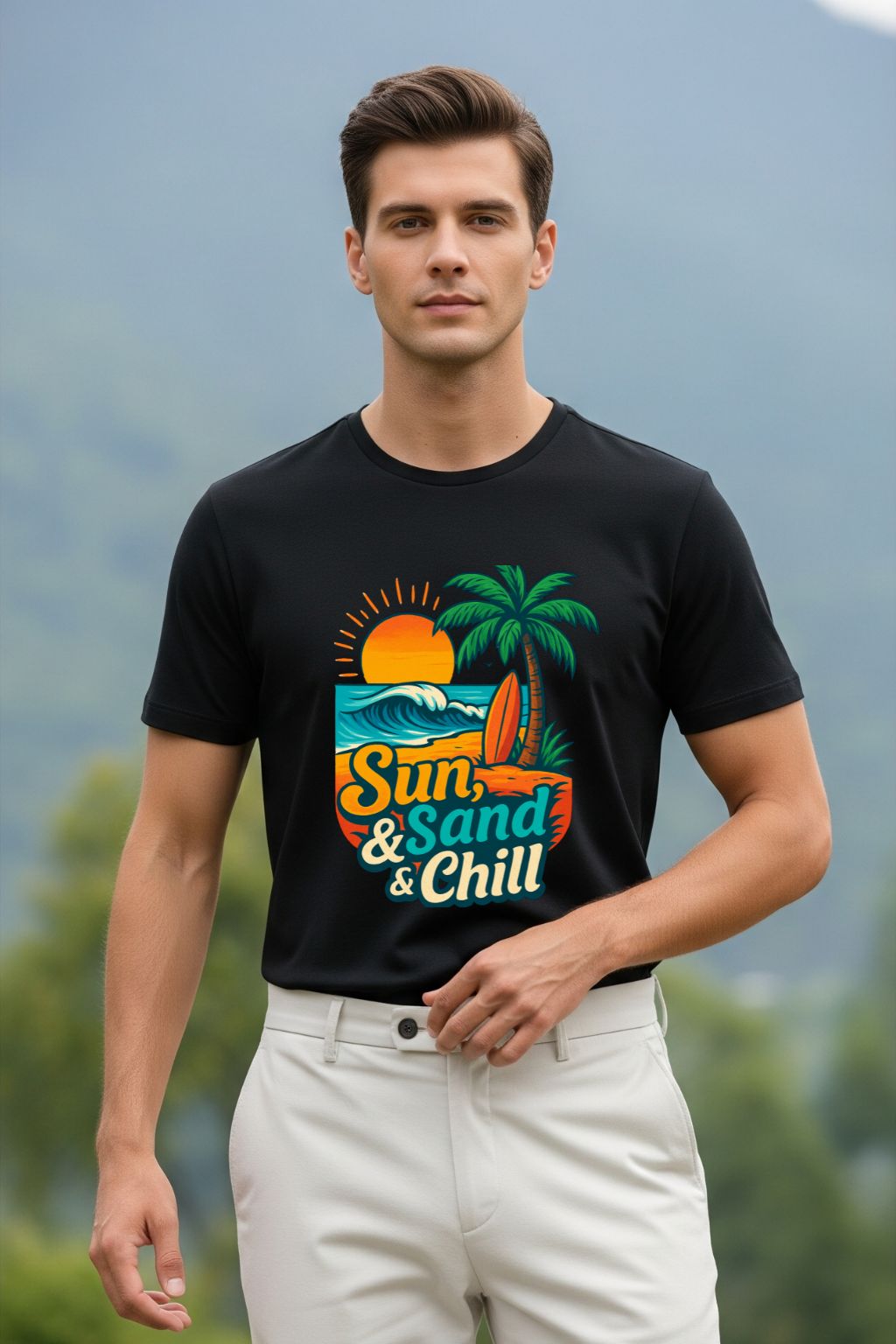 Man wearing a black t-shirt with 'Sun, Sand & Chill' design outdoors