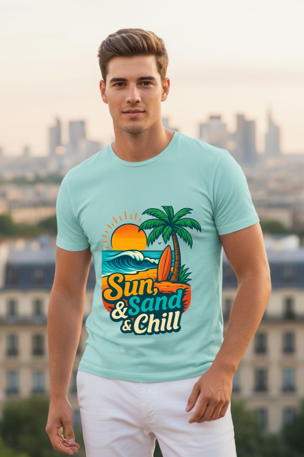 Man wearing a mint t-shirt with 'Sun, Sand & Chill' design in an urban setting