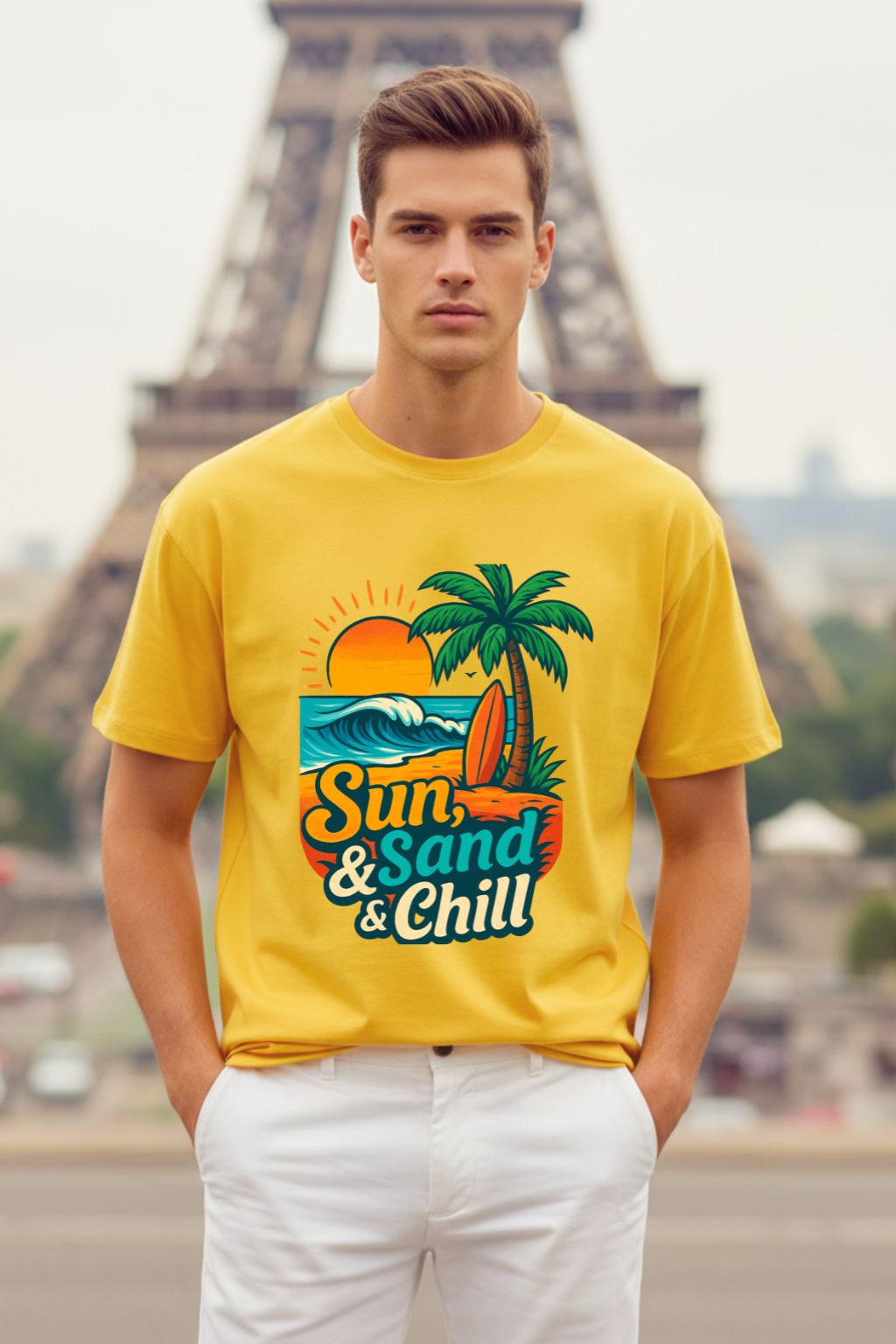 Man wearing a yellow t-shirt with 'Sun, Sand & Chill' design in front of the Eiffel Tower.