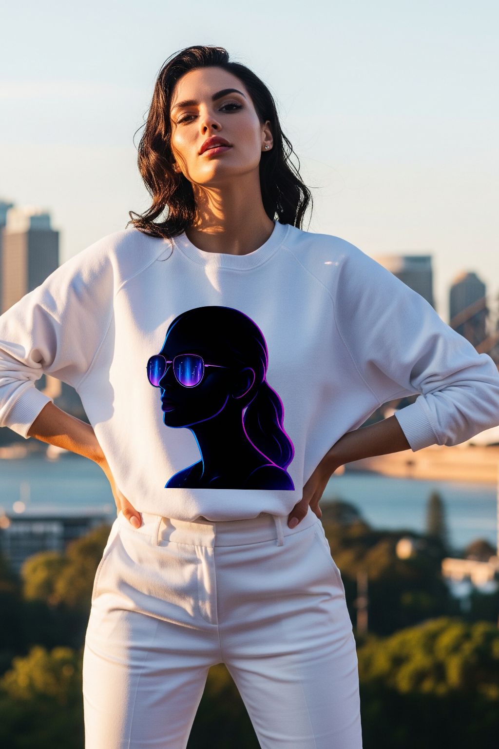 Woman wearing a white sweatshirt with a graphic design of a silhouette and sunglasses, standing outdoors with a cityscape in the background.