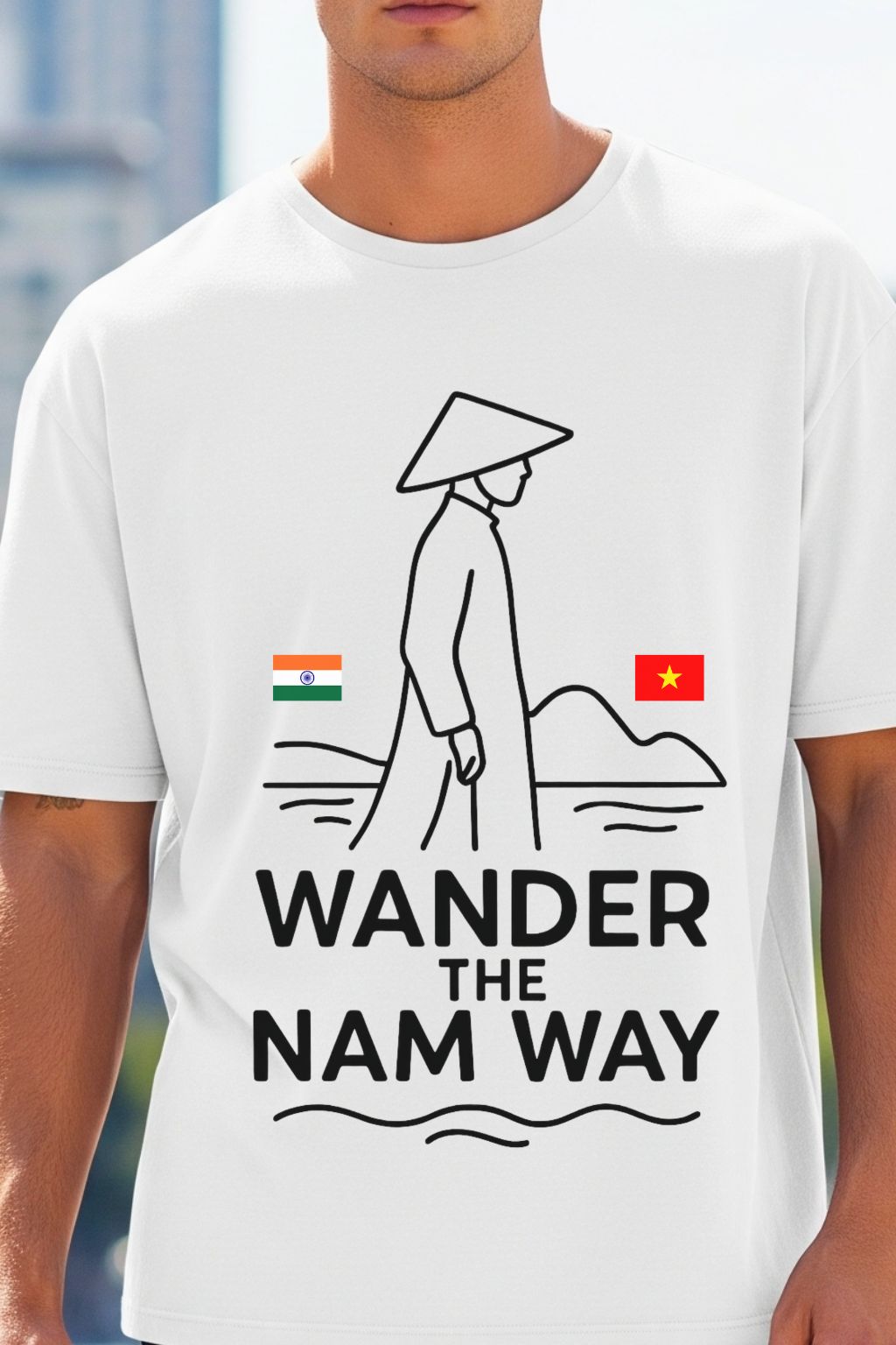 close up of a man wearing white t-shirt with a graphic design and text 'Wander the Nam Way'