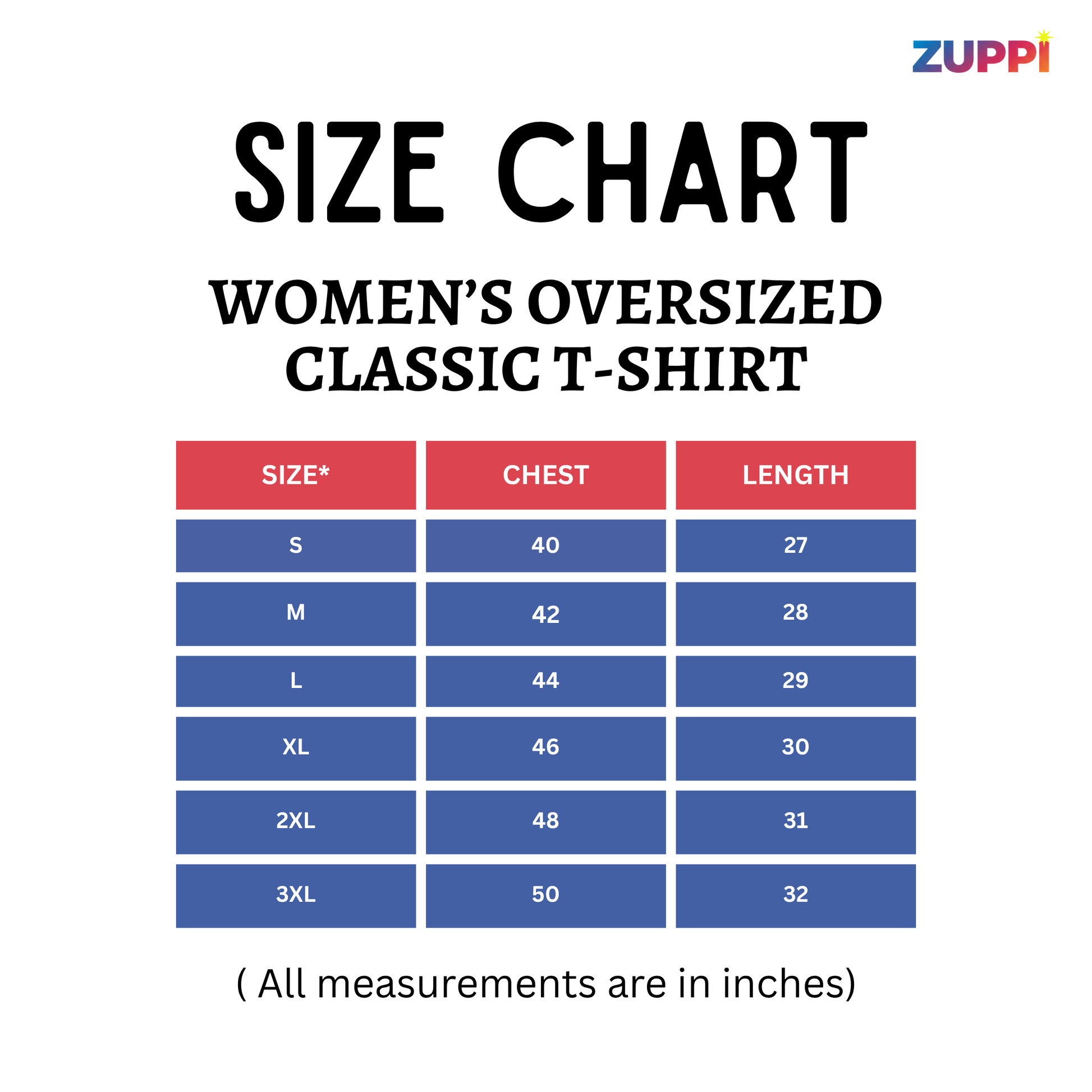 Size chart for women's oversized classic t-shirt with Zuppi branding