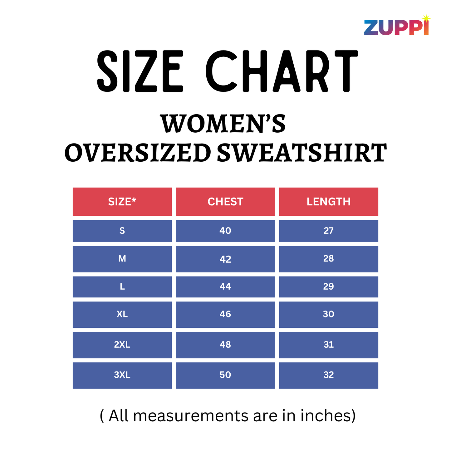 Size chart for women's oversized sweatshirt with Zuppi branding