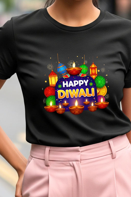 Close-up of a woman wearing a Happy Diwali black t-shirt with a festive design of colorful lights and candles.
