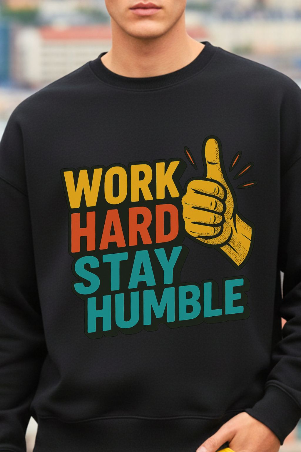 close up of a Black oversized sweatshirt with 'Work Hard Stay Humble' text and a thumbs-up graphic.