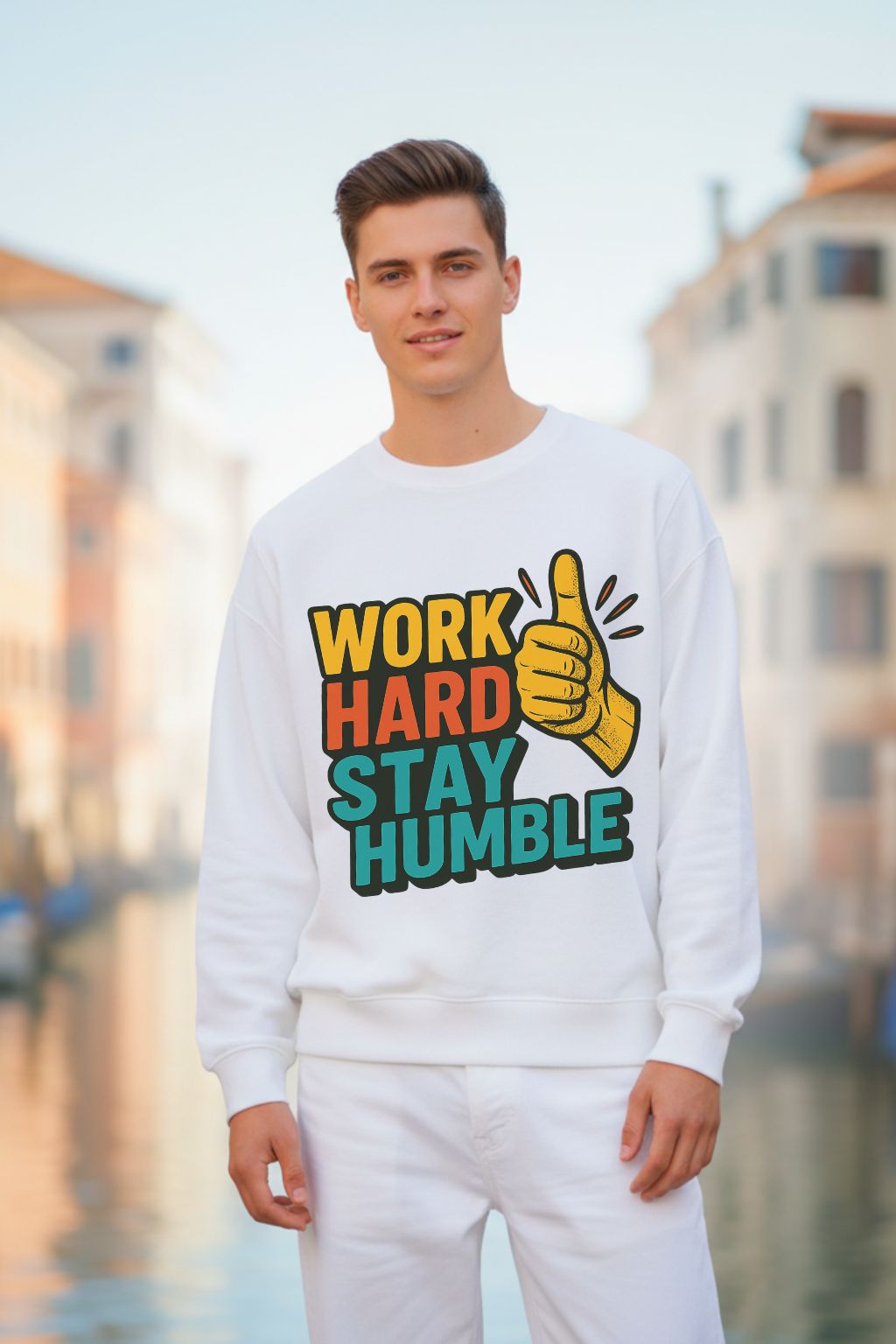 Man wearing a white oversized sweatshirt with 'Work Hard Stay Humble' text and graphic, standing outdoors.