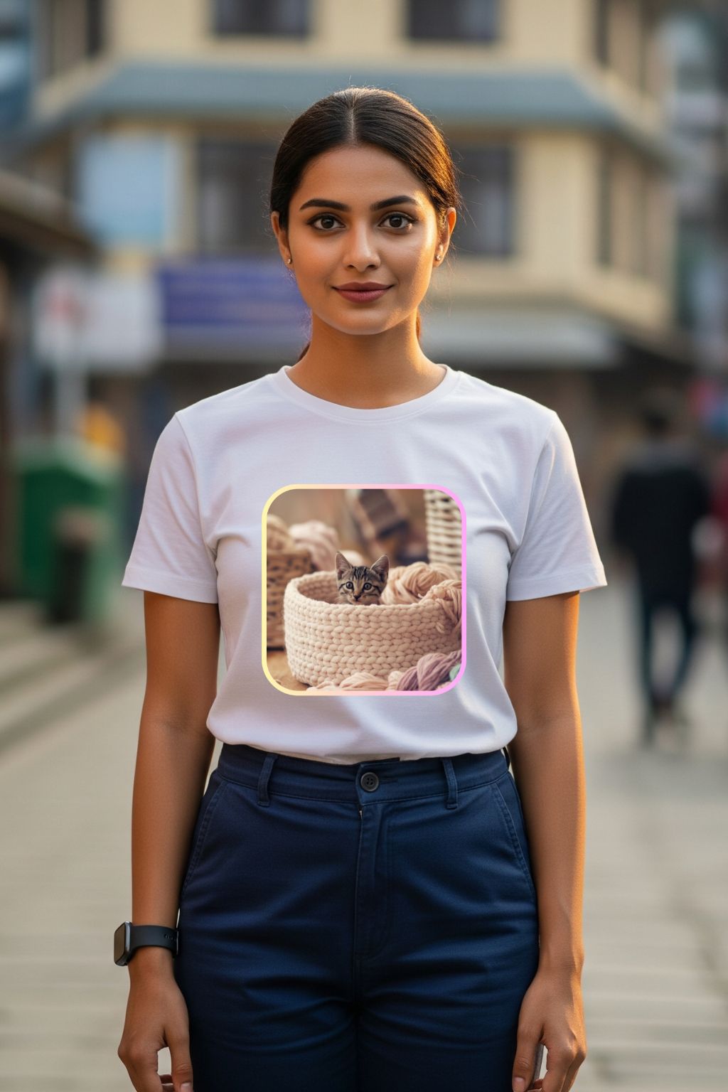 ZUPPI's "Your Daily Dose of Cuteness" white t-shirt, featuring a graphic of a cat in a basket, worn by a woman on a blurred street background.