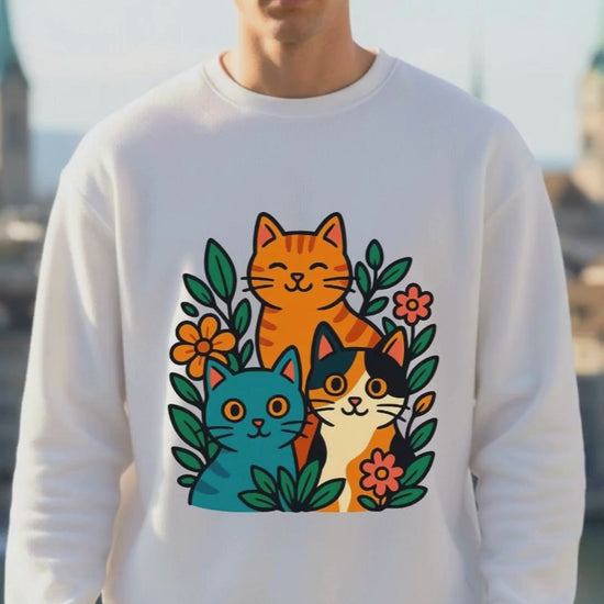  Video of a man displaying the cute cats floral design on a white oversized sweatshirt