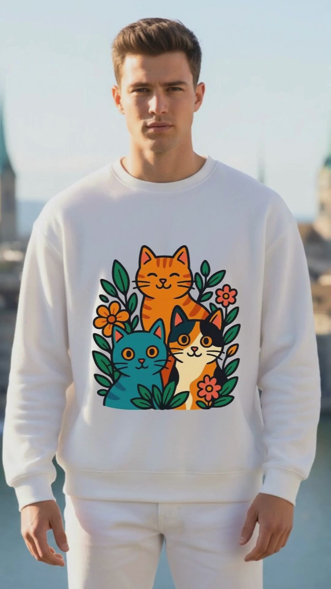  Video of a man displaying the cute cats floral design on a white oversized sweatshirt
