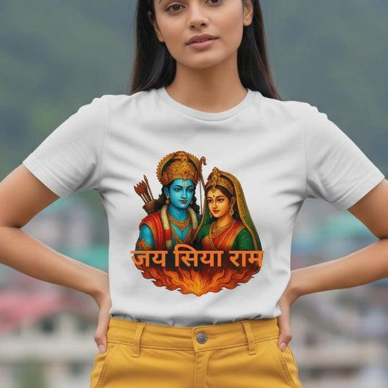 Woman wearing Jai Siya Ram Diwali White T-shirt