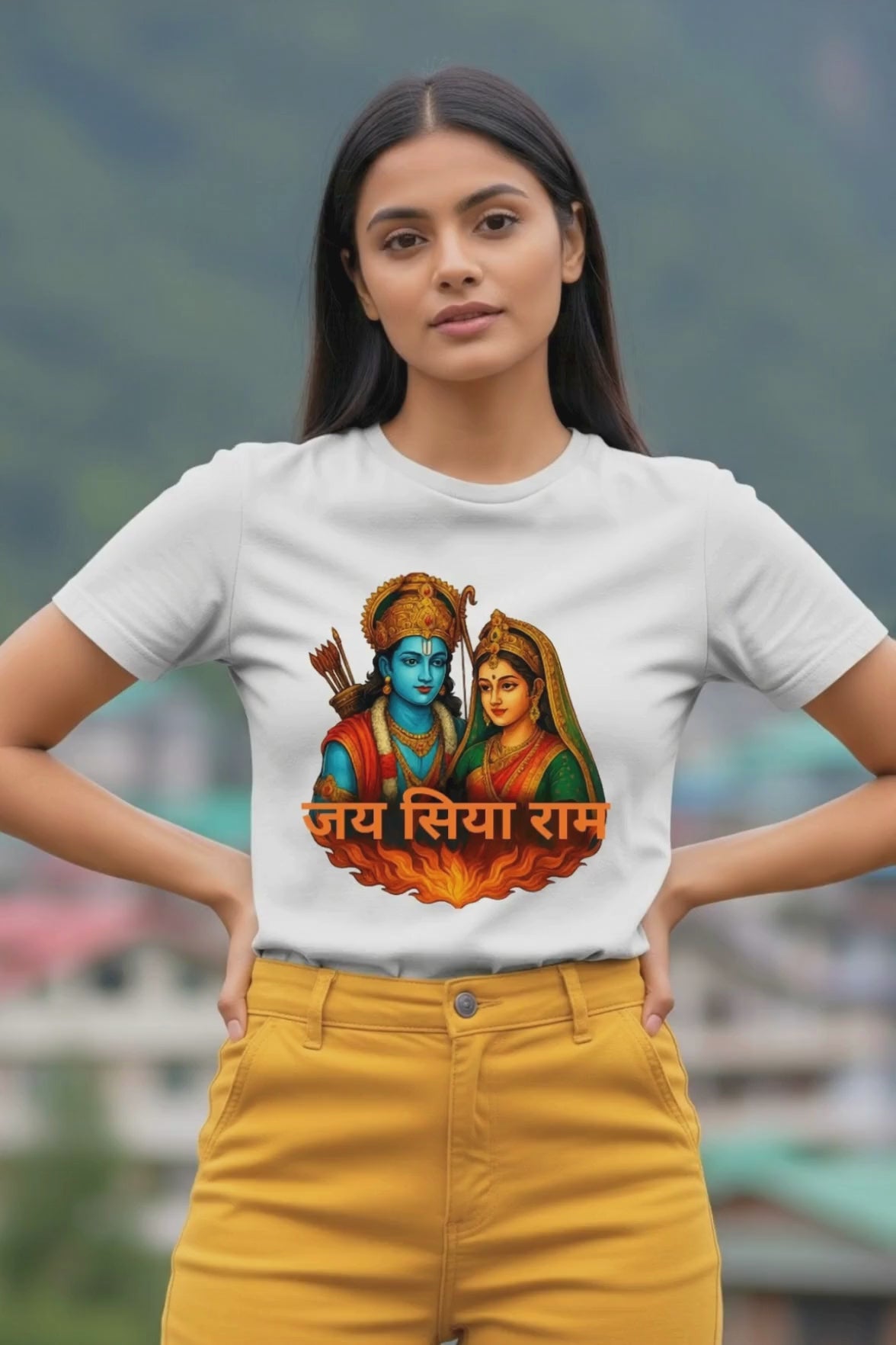 Woman wearing Jai Siya Ram Diwali White T-shirt