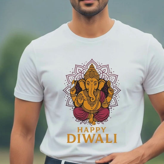 video of a young man wearing a white classic crew neck t-shirt with a "lord ganesha happy diwali" design