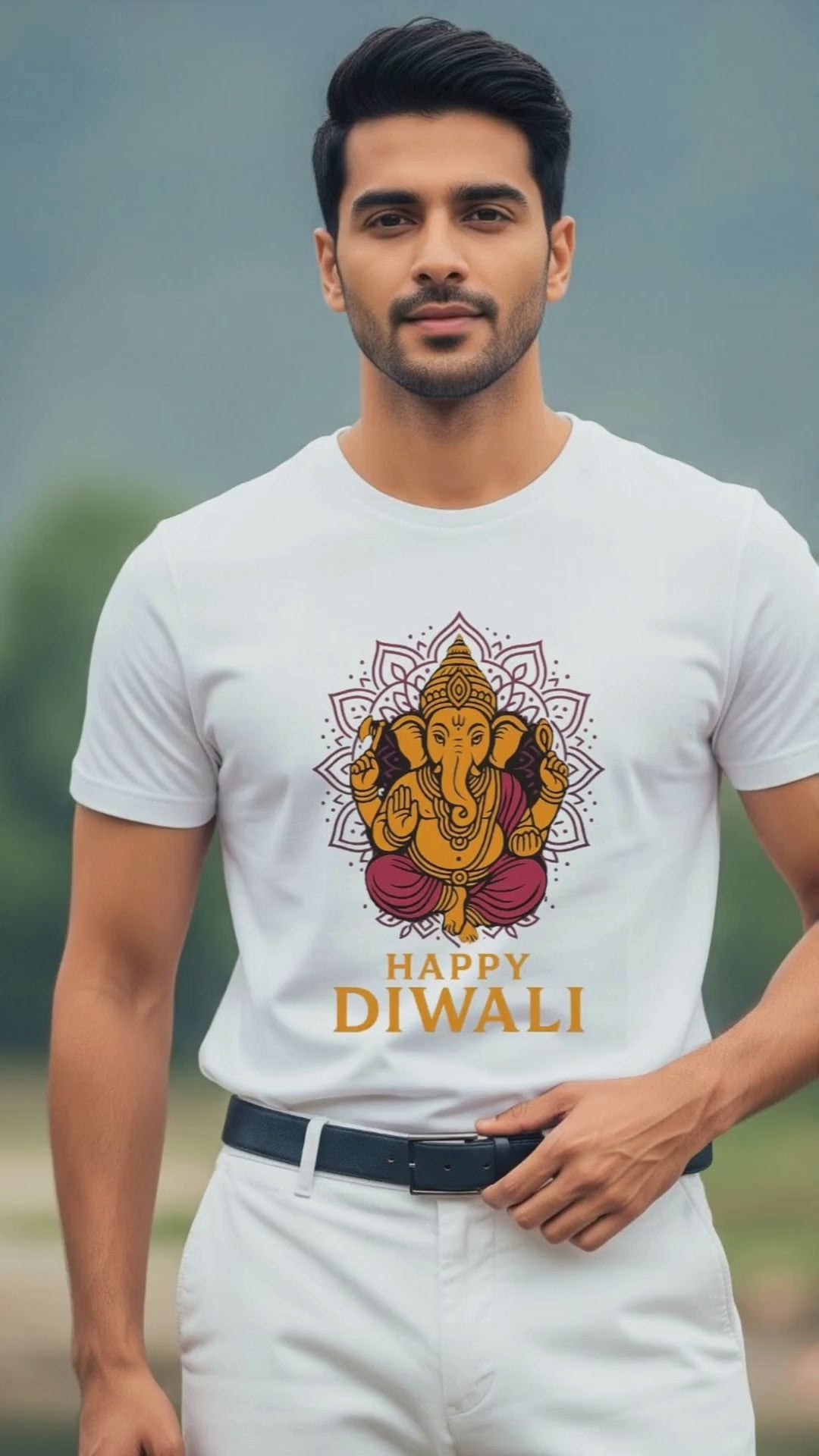 video of a young man wearing a white classic crew neck t-shirt with a "lord ganesha happy diwali" design