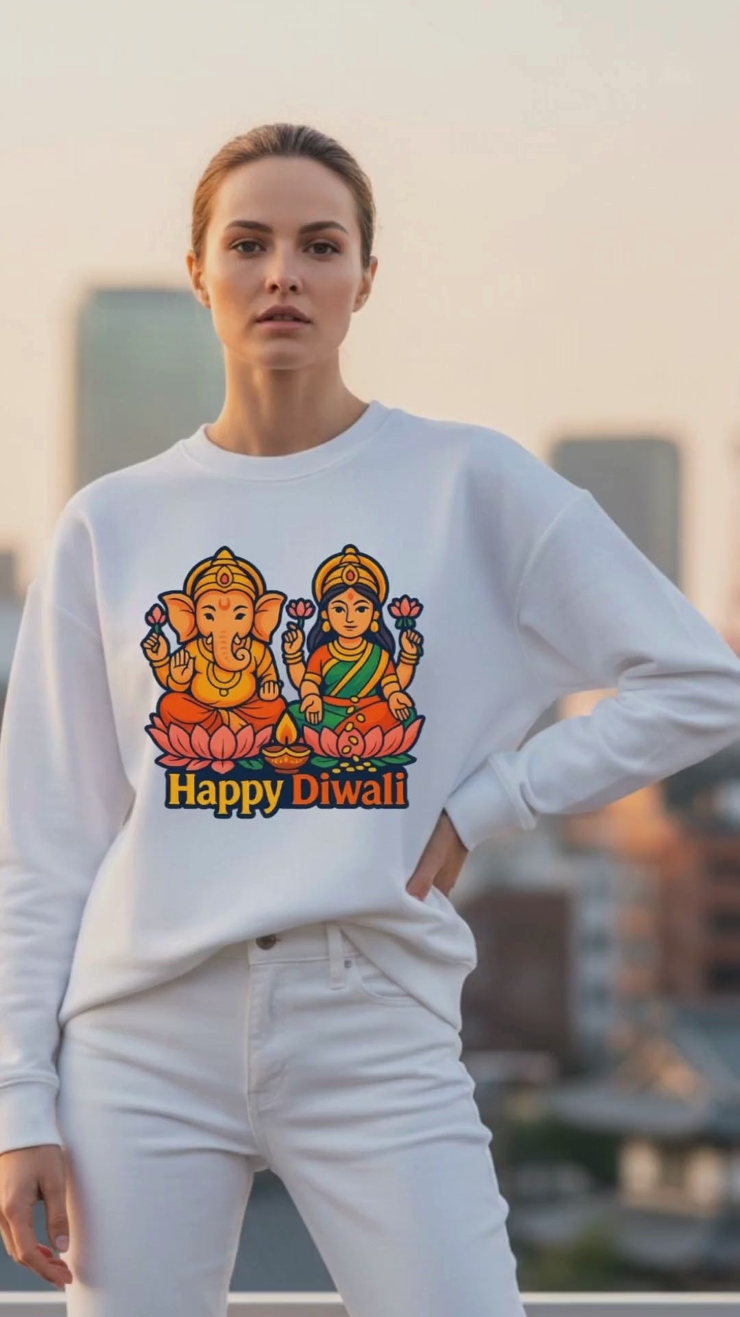 video of a young woman wearing a white oversized sweatshirt with a "ganesha lakshmi diwali" design