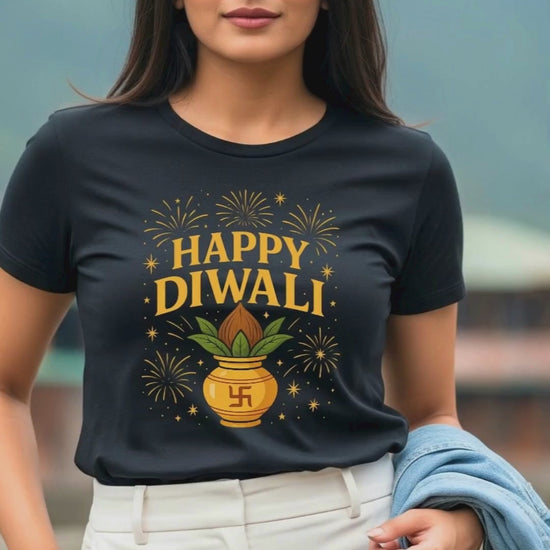 video of a young woman wearing a black classic crew neck t-shirt with a "golden happy diwali kalash" design