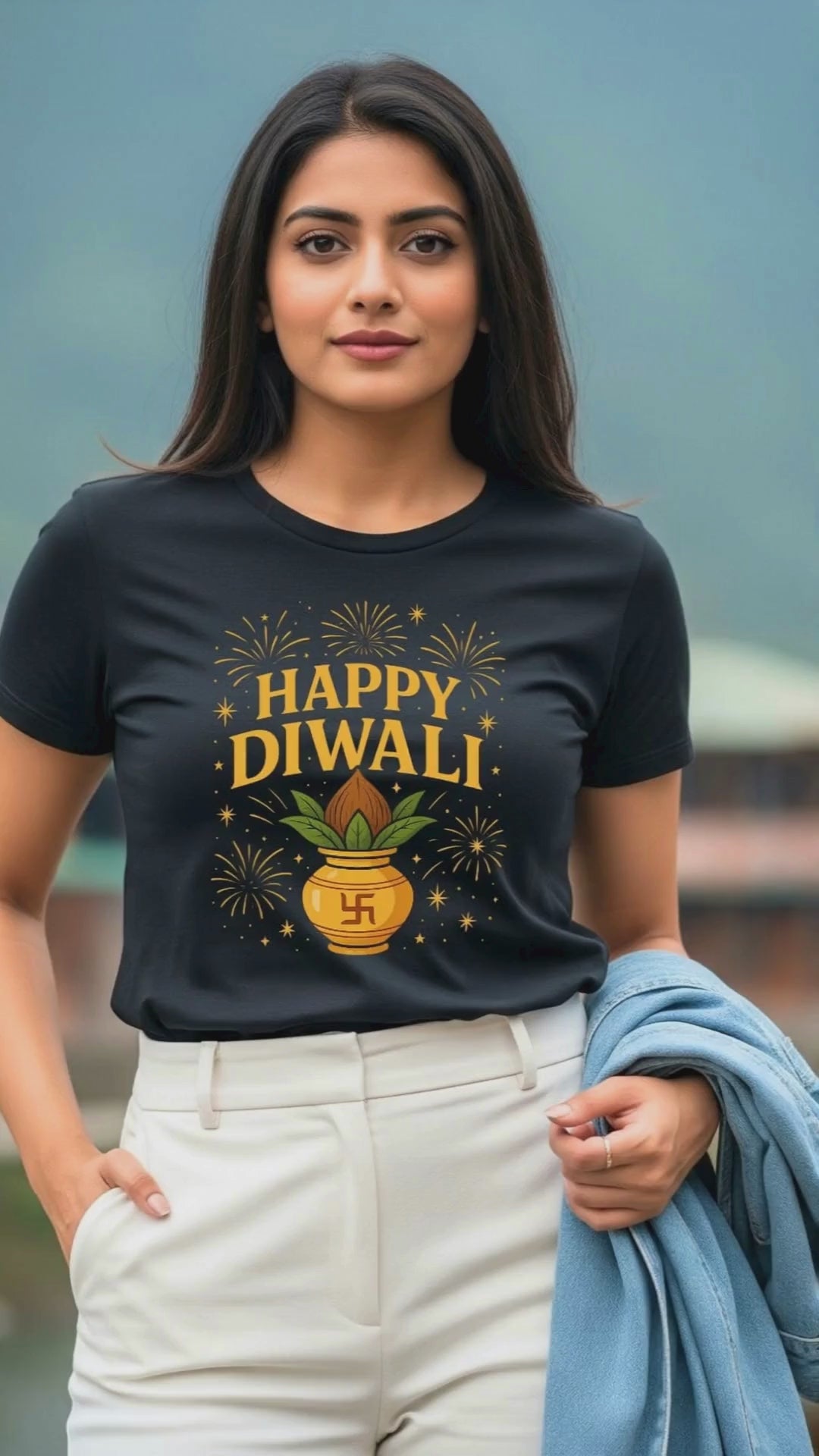 video of a young woman wearing a black classic crew neck t-shirt with a "golden happy diwali kalash" design