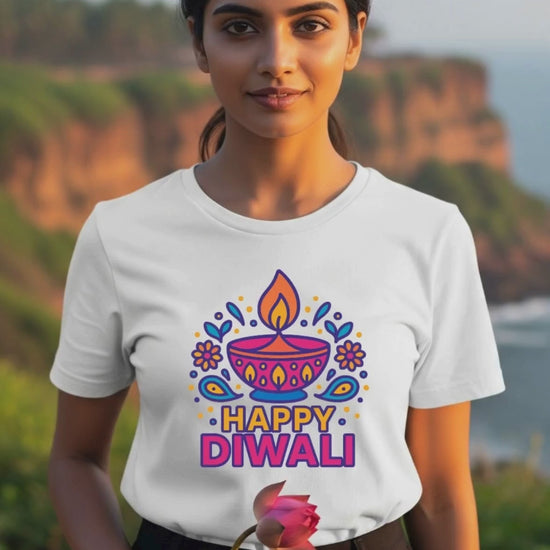 Video of a female model wearing a white 'Happy Diwali' t-shirt, featuring a colorful Diya graphic and fireworks, showcasing the fabric and fit.