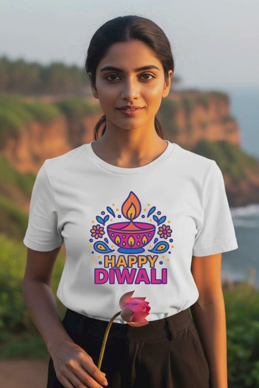 Video of a female model wearing a white 'Happy Diwali' t-shirt, featuring a colorful Diya graphic and fireworks, showcasing the fabric and fit.