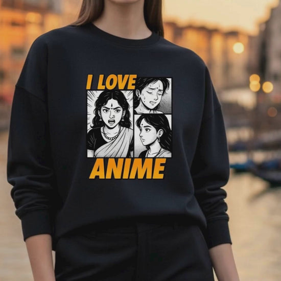 video of a woman wearing an oversized black sweatshirt with a design of "I love anime" 