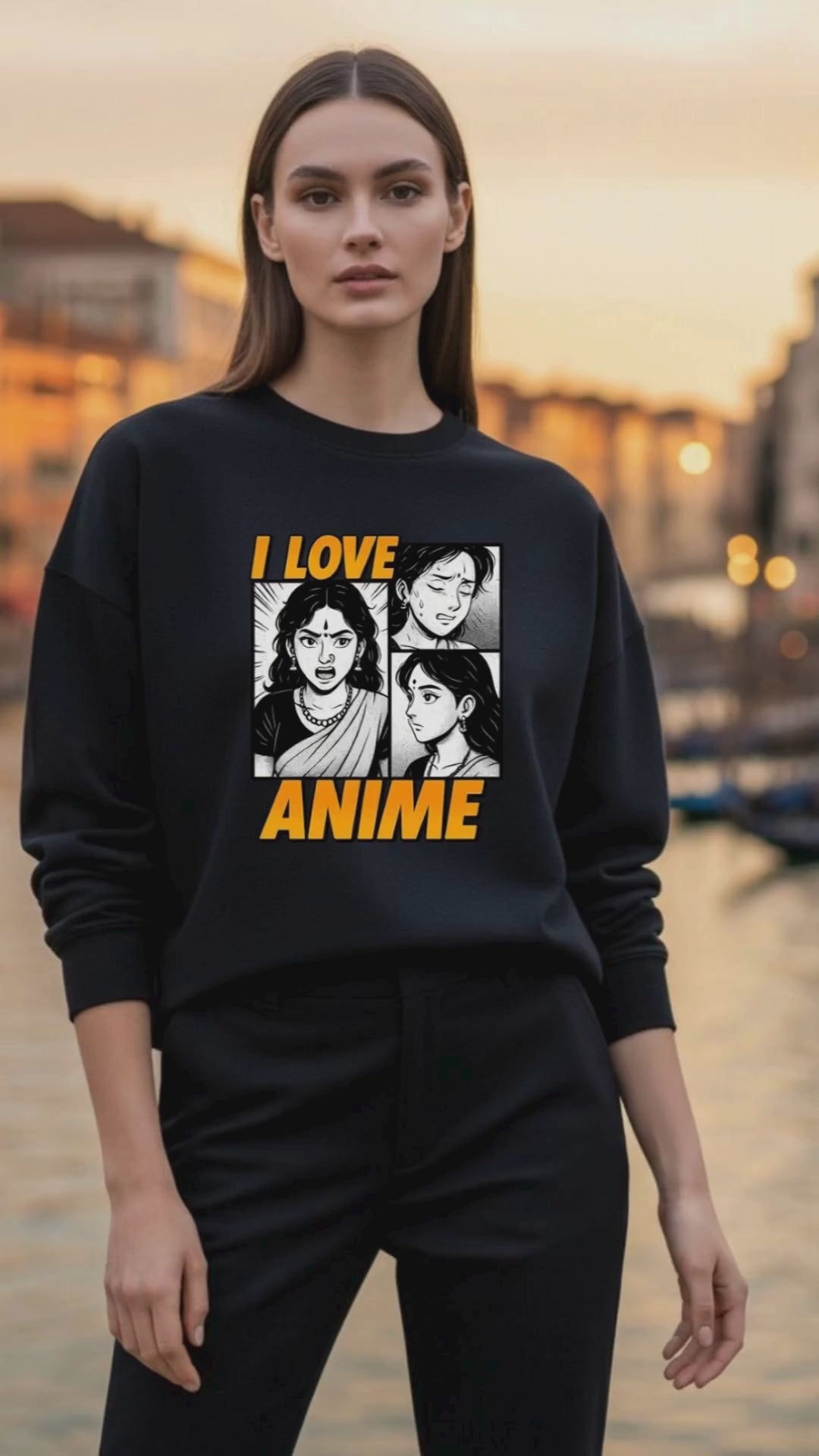 video of a woman wearing an oversized black sweatshirt with a design of "I love anime" 
