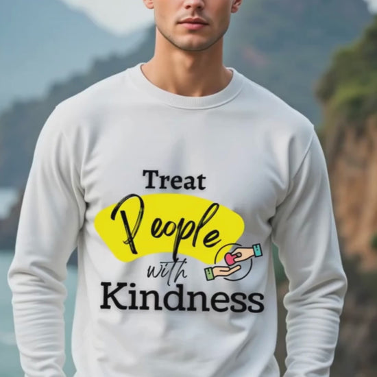 White sweatshirt with the text "Treat People with Kindness" on a yellow strip stripe background