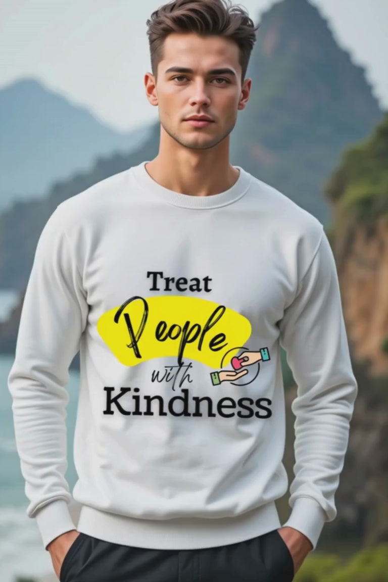 White sweatshirt with the text "Treat People with Kindness" on a yellow strip stripe background